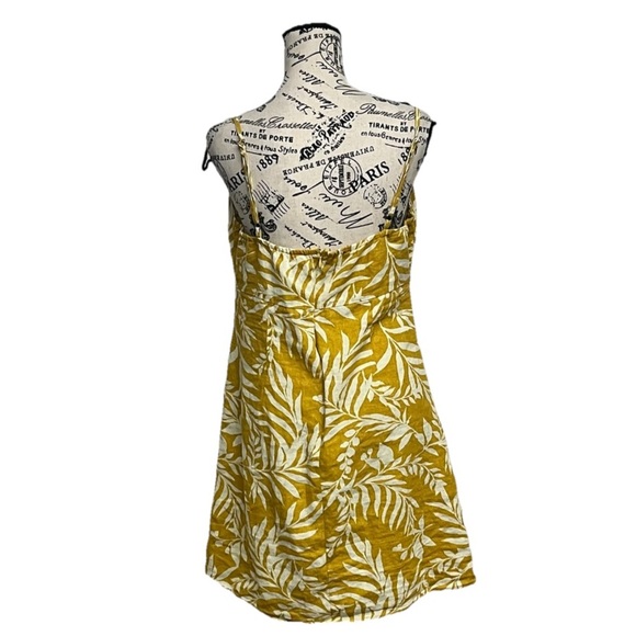 BEBOP Yellow Floral Linen Mini Dress – Hawaiian Boho Coastal Milkmaid Sundress L - Picture 5 of 10